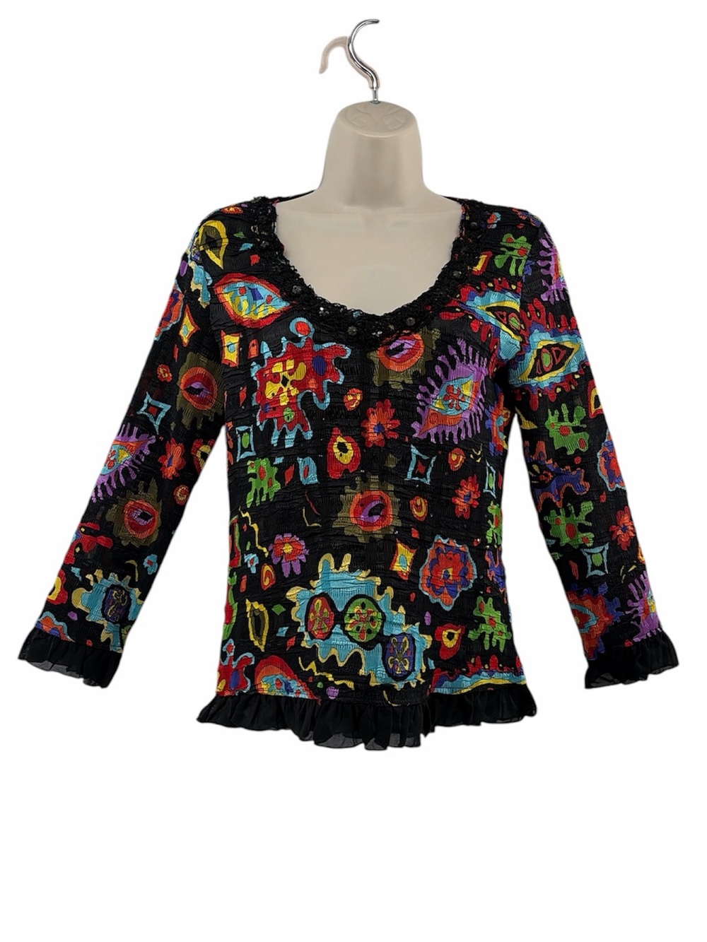 Y2K Alberto Makali Women’s V-Neck Black Multicolor Crinkle Blouse Whimsical Top